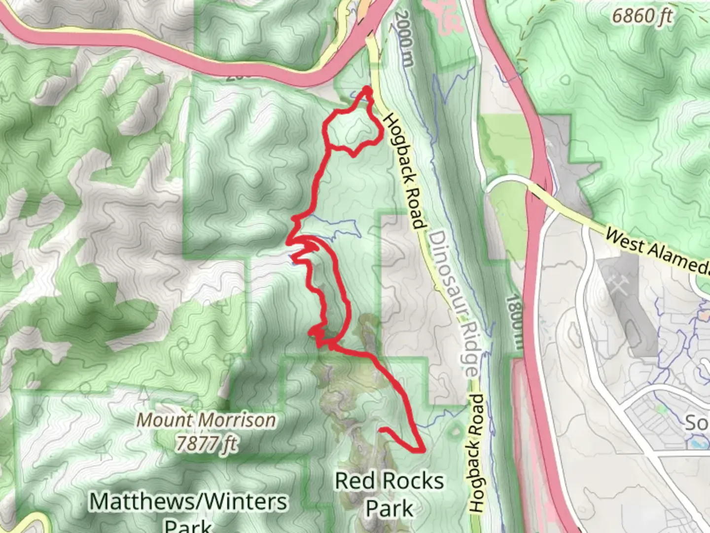 An image depicting the trail Morrison Slide Trail, Red Rocks Trail and Village Ride Loop and its surrounding area.