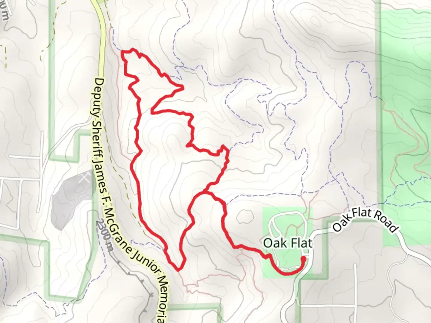 An image depicting the trail Oak Flat, Deadman and Pine Loop and its surrounding area.