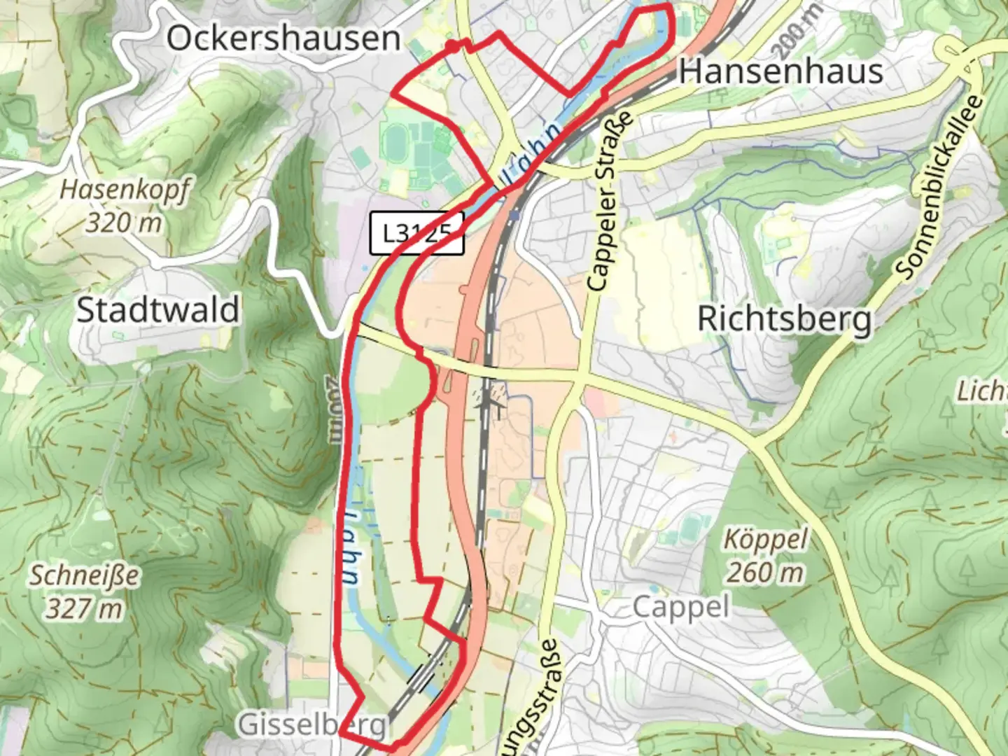 An image depicting the trail Lahn via Trojedamm and Kreuzweg and its surrounding area.