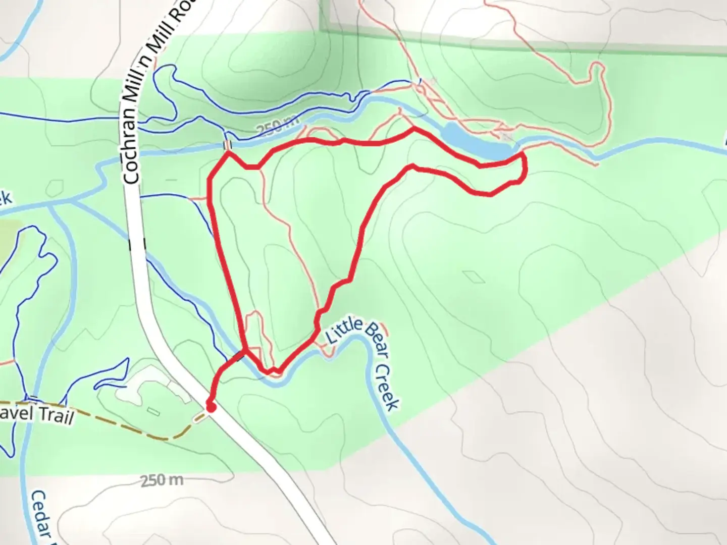 An image depicting the trail Orange Trail and Old Cochran Mill Road Loop and its surrounding area.