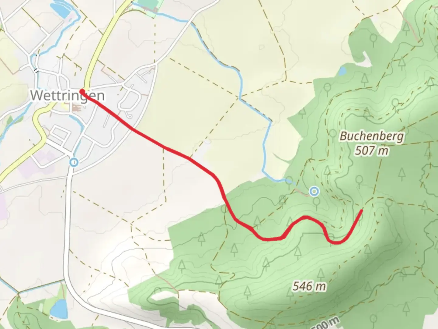 An image depicting the trail Roter Flieger and Wettringen Woernitz and its surrounding area.