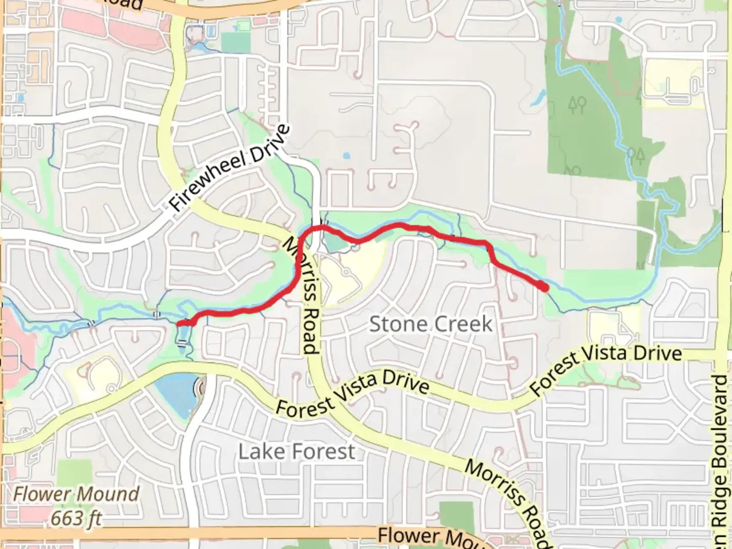 An image depicting the trail Stone Creek Park and Wilkerson Park and its surrounding area.