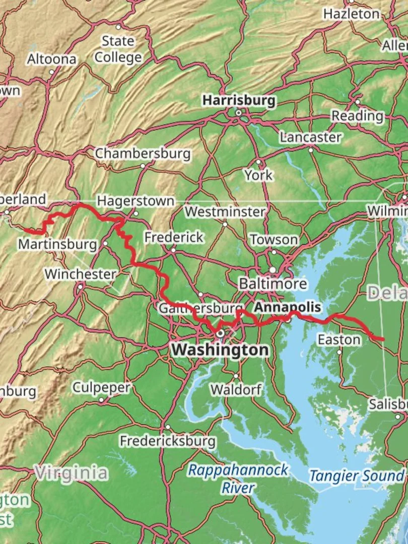 An image depicting the trail American Discovery Trail - Maryland and Washington DC and its surrounding area.