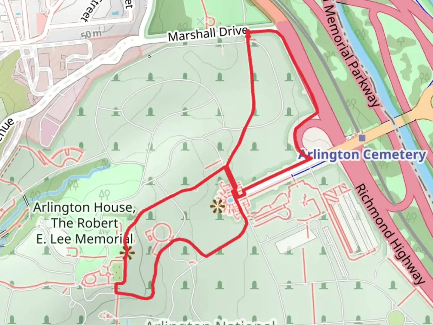 An image depicting the trail Custis Walk and Memorial Gate Fountain Loop and its surrounding area.