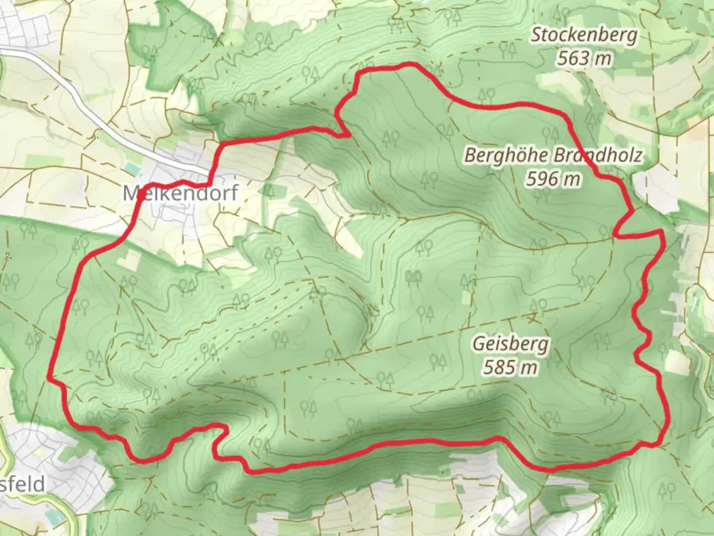 An image depicting the trail Mittlere Geisbergtour and Litzendorf Grosse Geisbergrunde Loop and its surrounding area.