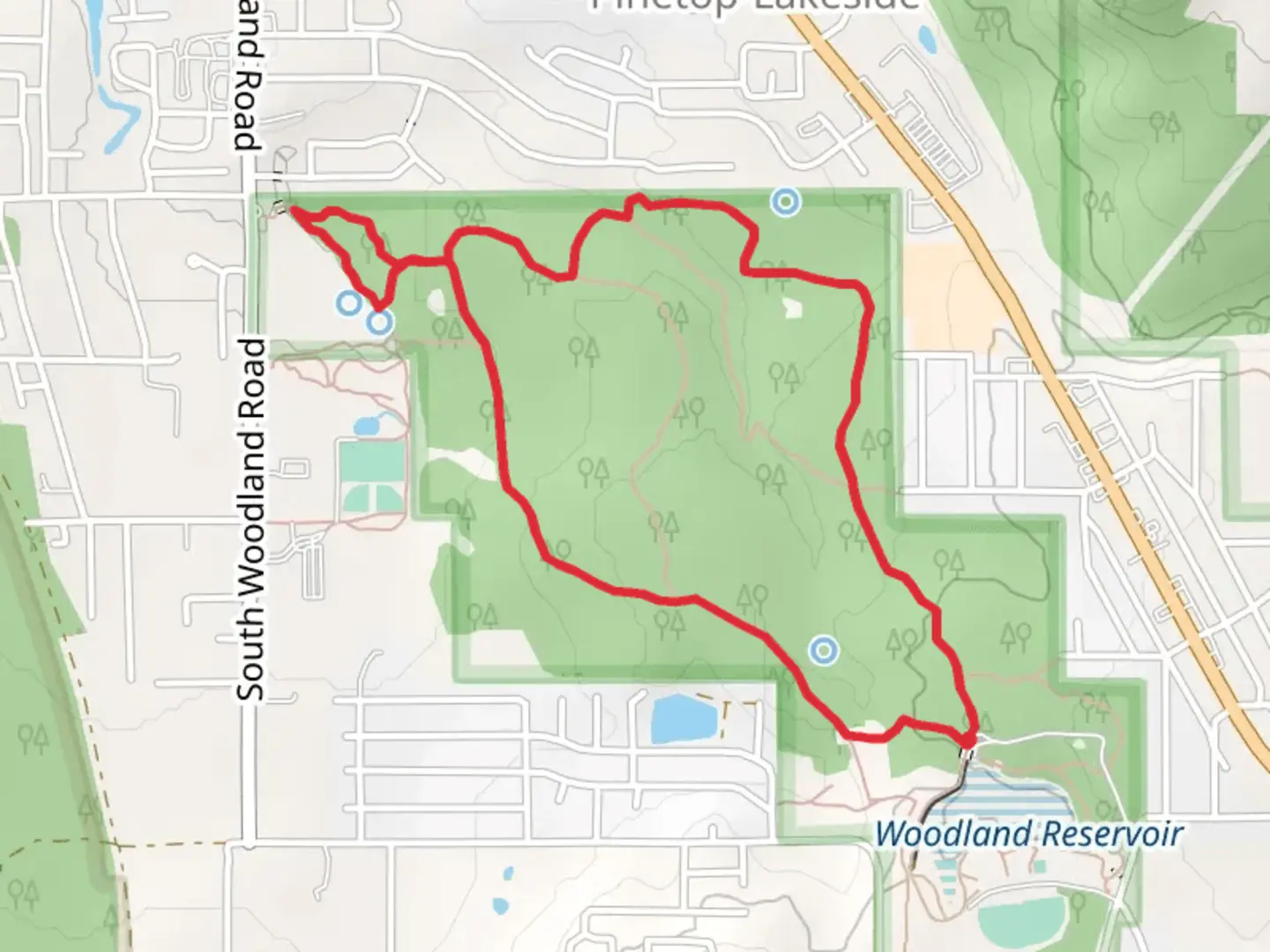 An image depicting the trail Turkey Track, Bog Springs and Hitching Post Loop Trail and its surrounding area.