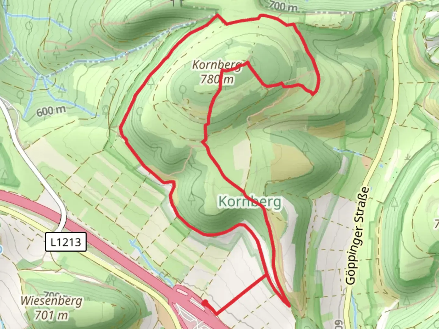 An image depicting the trail Kornberg via Loewenpfade Bertaa Hoernle Tour and its surrounding area.