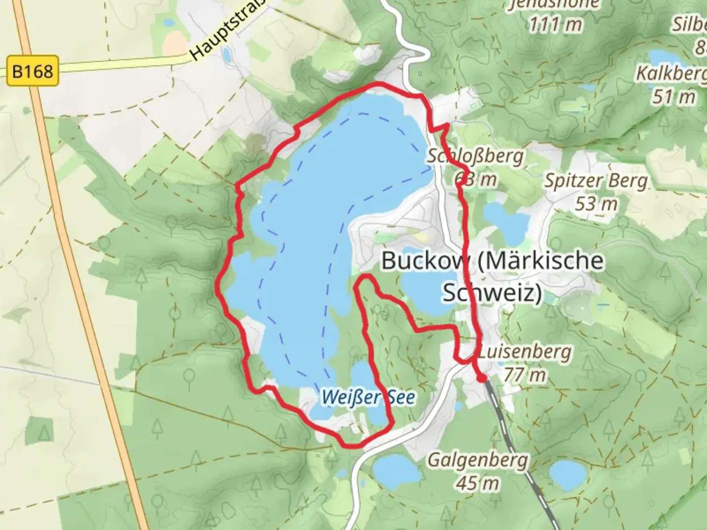 An image depicting the trail Schermuetzelsee, Weißer See and Bucowsee via Oberbarnimer Feldstein Route and its surrounding area.