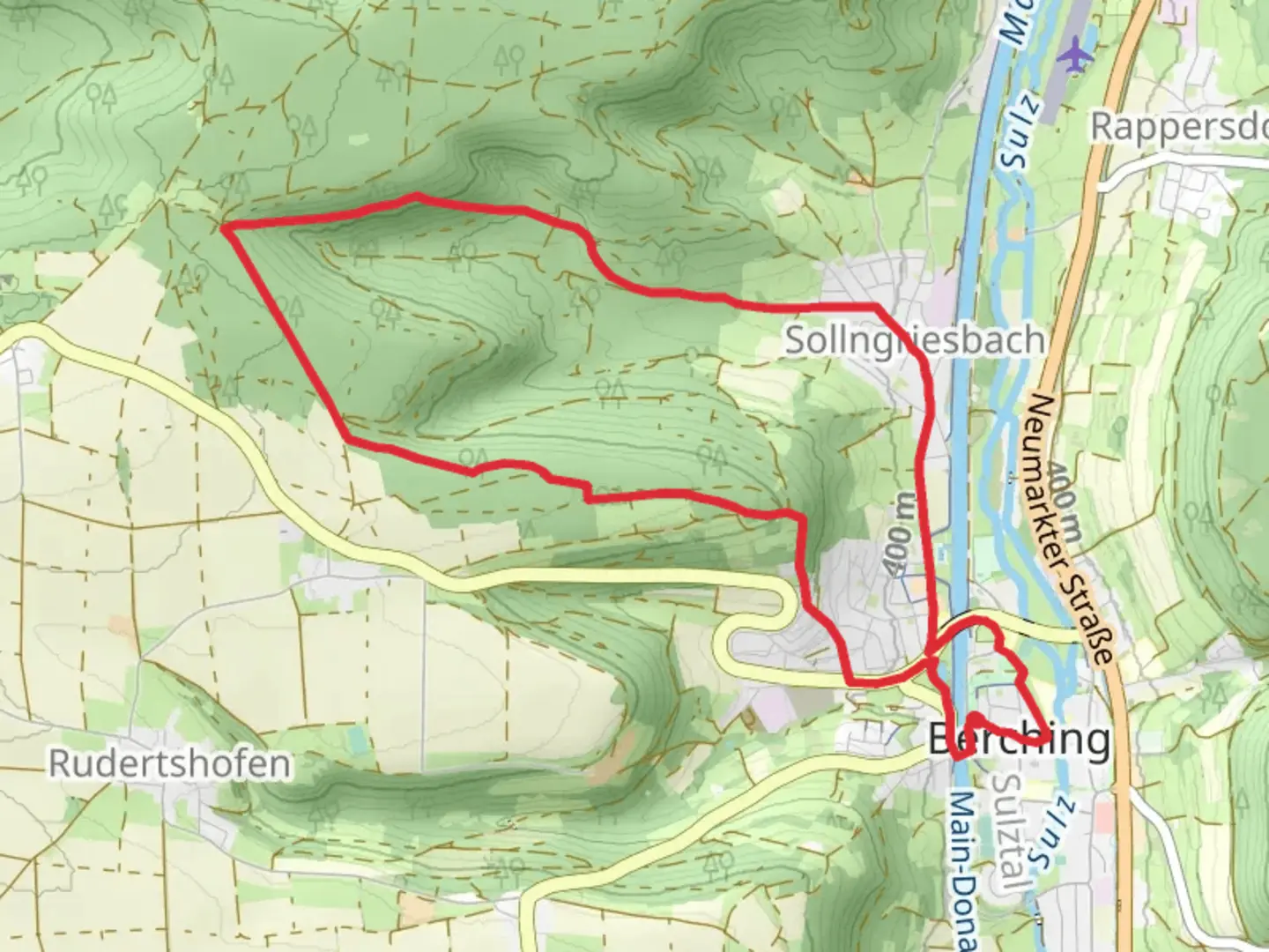 An image depicting the trail Main Donau Kanal via Hoher Brunnen and its surrounding area.