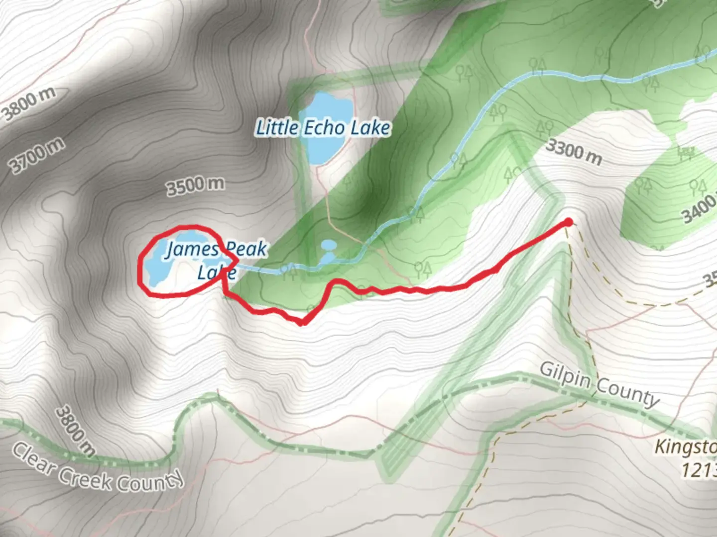 An image depicting the trail James Peak Lake Loop Trail and its surrounding area.