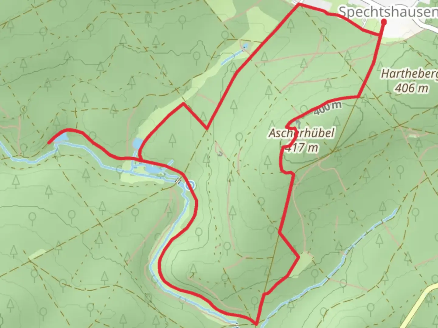 An image depicting the trail Jungfernteich via Mühlweg and Wiesenweg and its surrounding area.