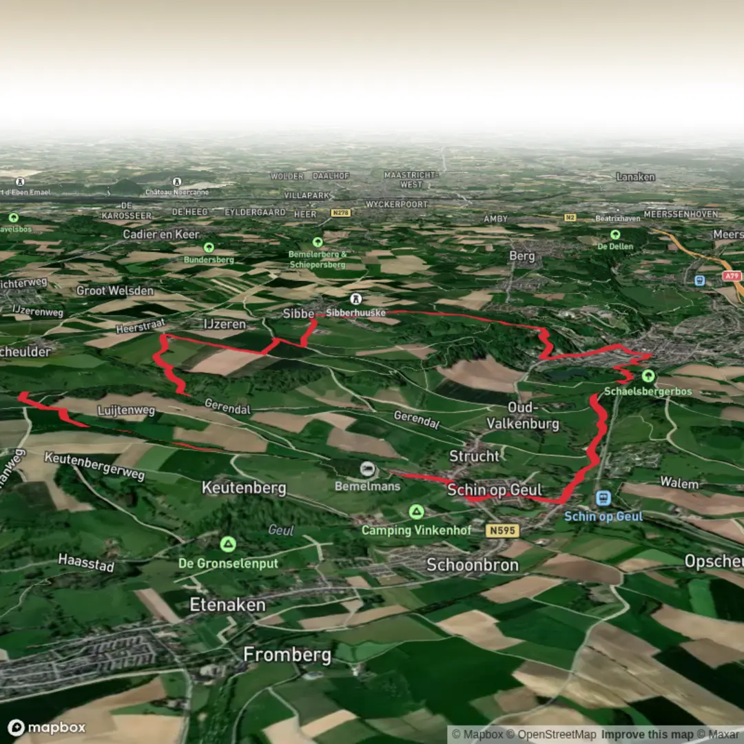 An image depicting the trail Valkenburg, PeerkePad and Margraten Loop and its surrounding area.