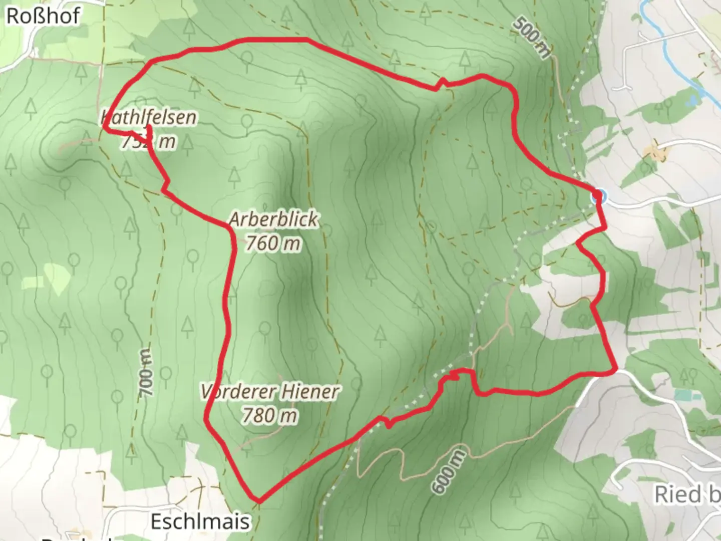 An image depicting the trail Kathlfelsen Loop from Gleißenberg and its surrounding area.