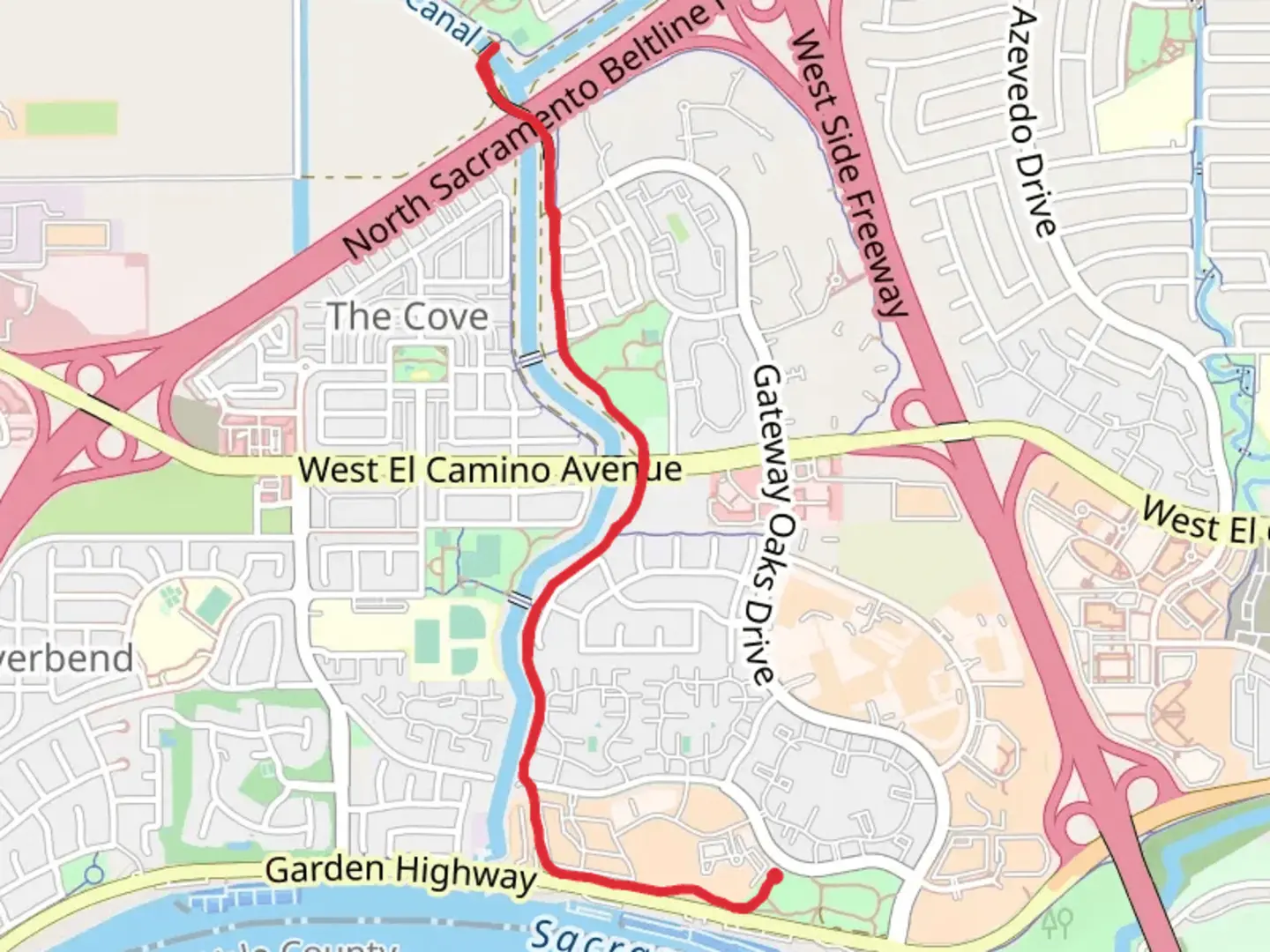 An image depicting the trail Garden Highway and Gateway Oaks Connector Trail and its surrounding area.
