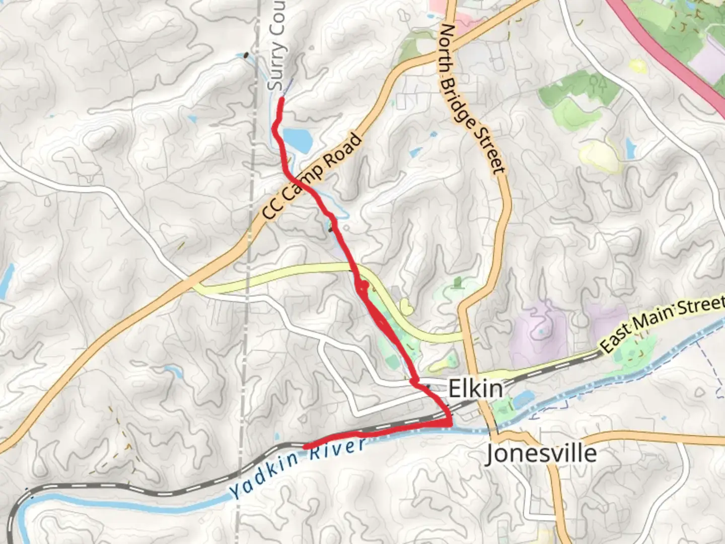 An image depicting the trail Elkin Creek via Mountain to Sea Trail and Overmountain Victory Trail and its surrounding area.