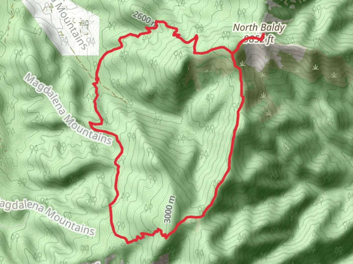 An image depicting the trail Hop Canyon Trail and North Baldy Loop Trail and its surrounding area.