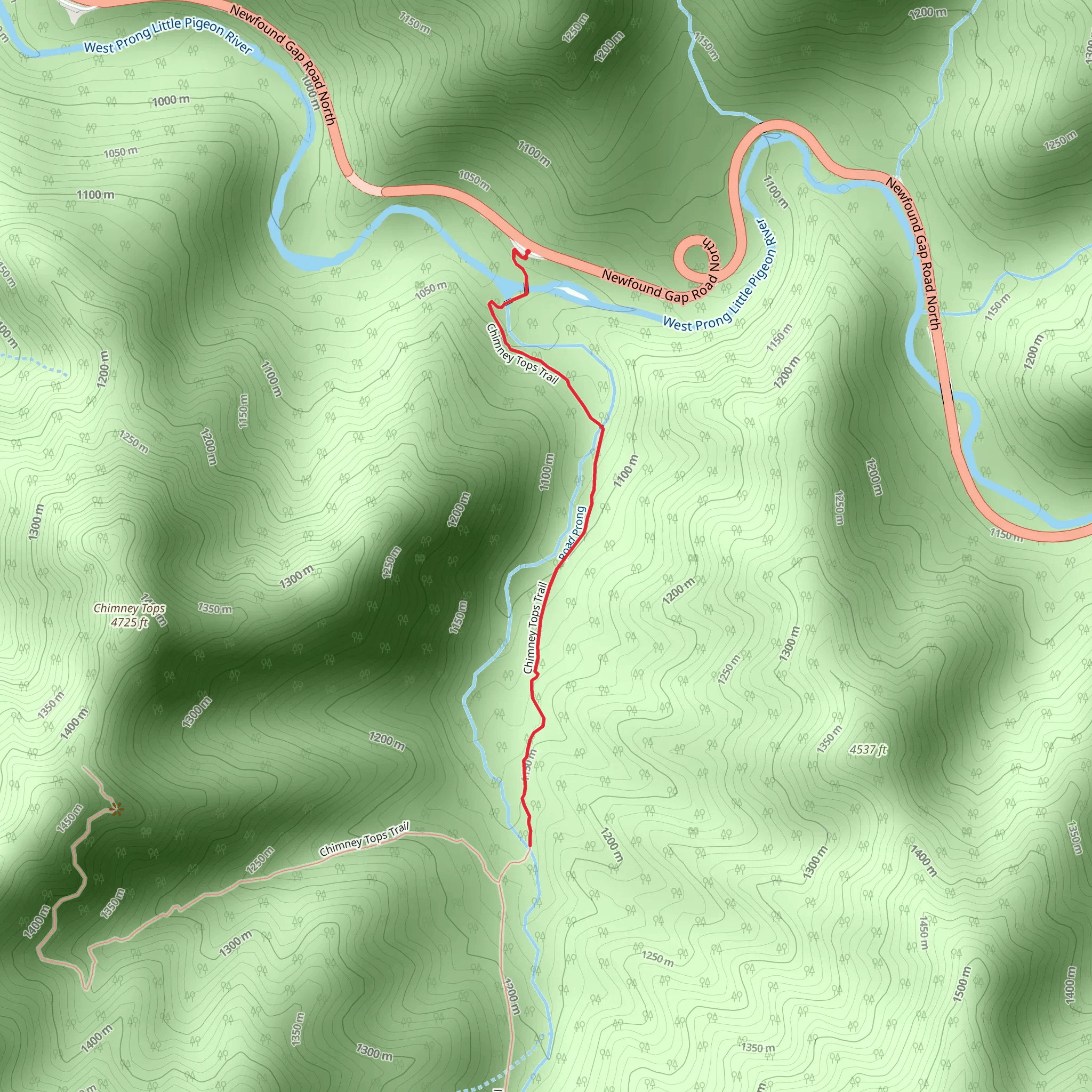 Road Prong via Chimney Tops Trail mobile static map