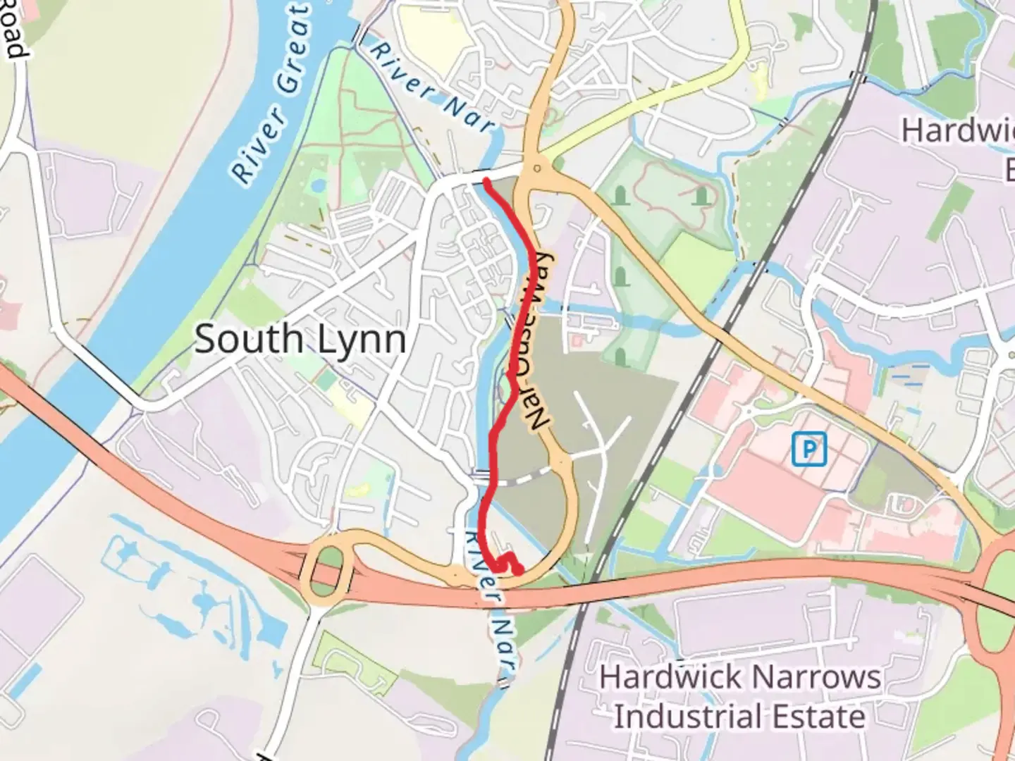 An image depicting the trail River Nar Walk along from Nar Ouse Way and its surrounding area.