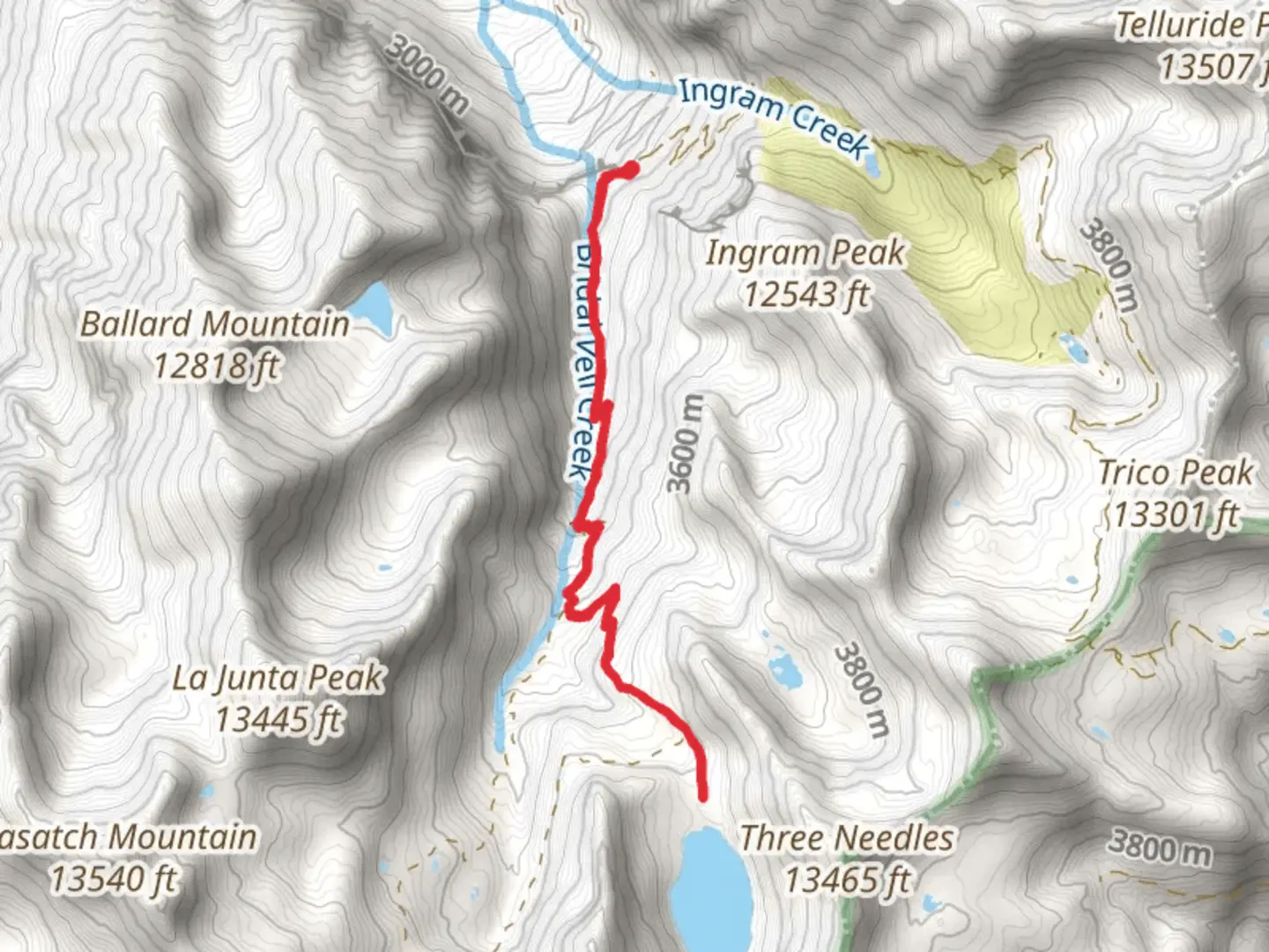 An image depicting the trail Blue Lake via Bridal Veil Trail and its surrounding area.