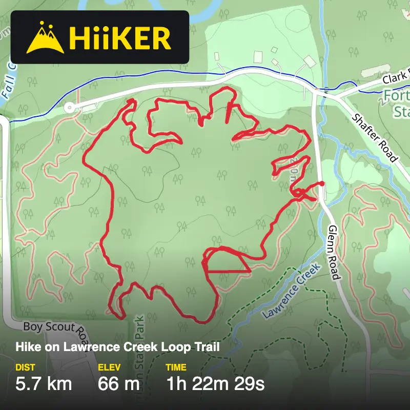 A map preview of the recording Hike on Lawrence Creek Loop Trail.