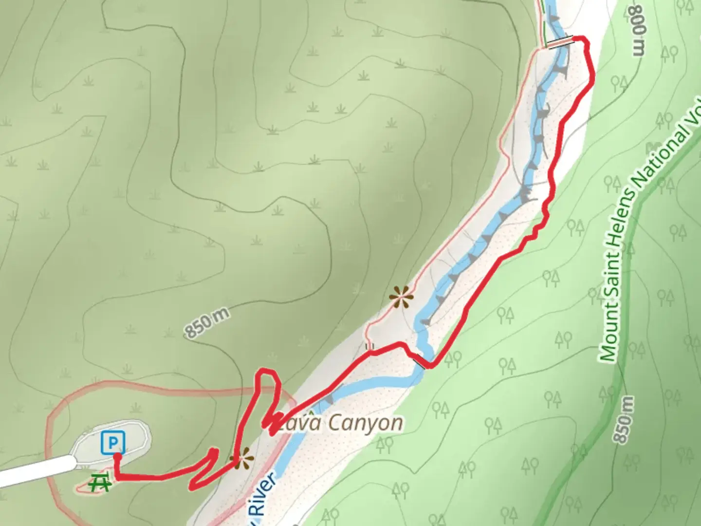 An image depicting the trail Lava Canyon Falls and its surrounding area.