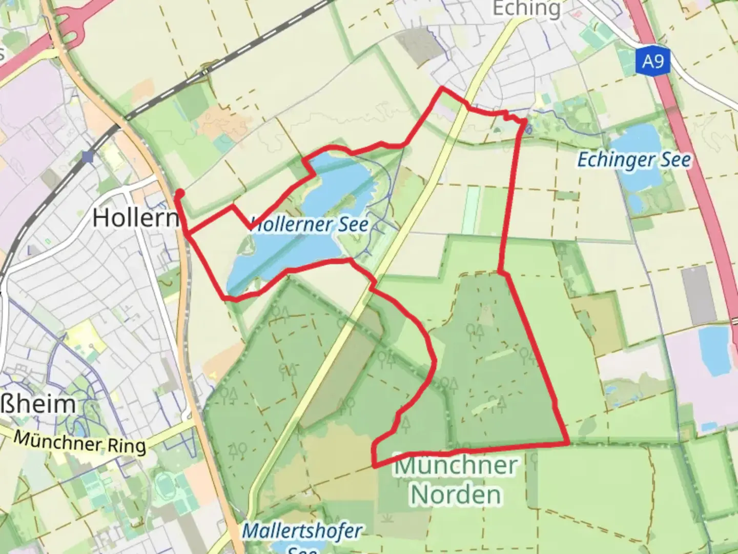 An image depicting the trail Hollerner See and Mallertshofer Holz mit Heiden Loop and its surrounding area.