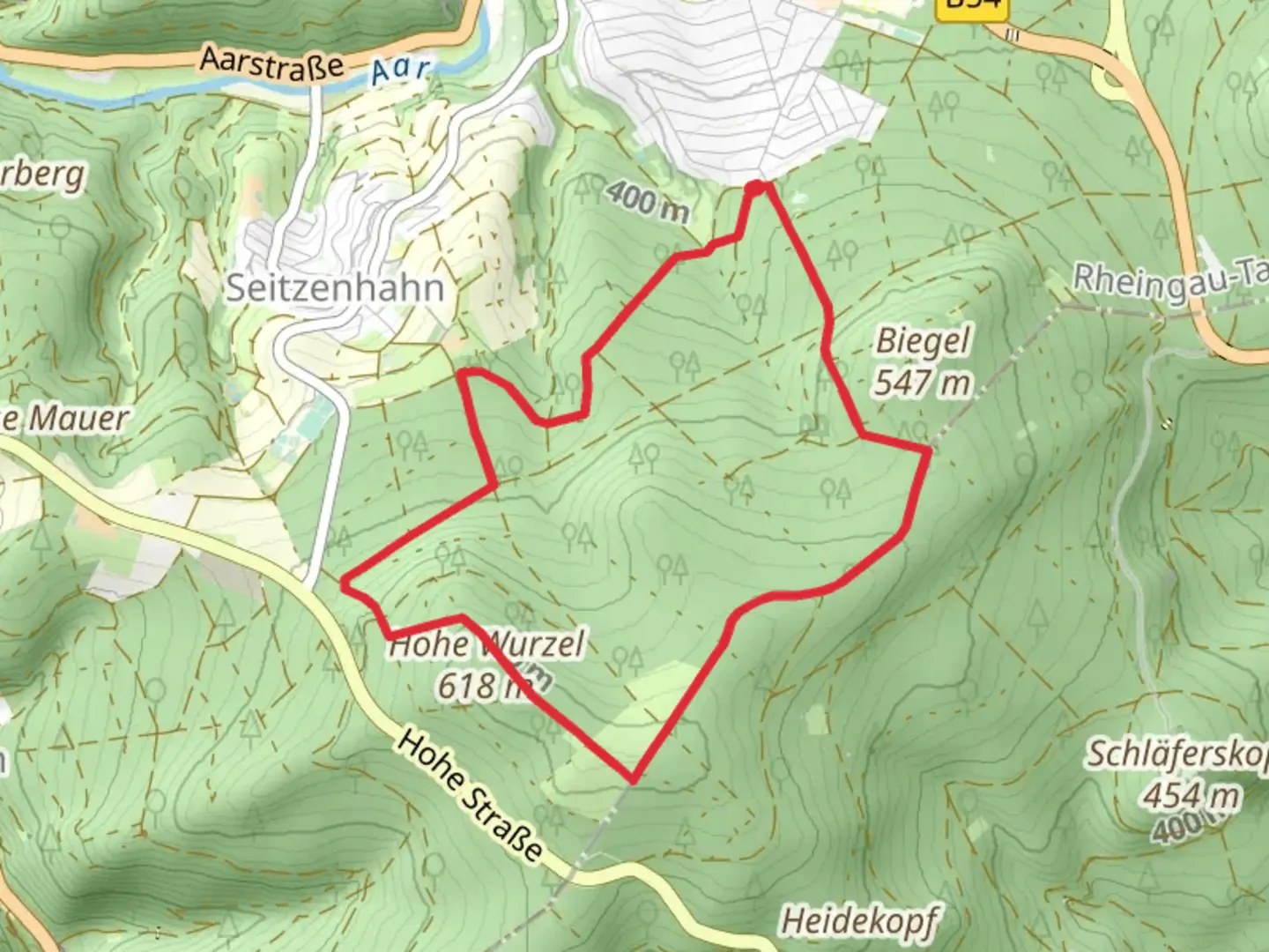 An image depicting the trail Rotes Quadrat and Fuchs Loop and its surrounding area.
