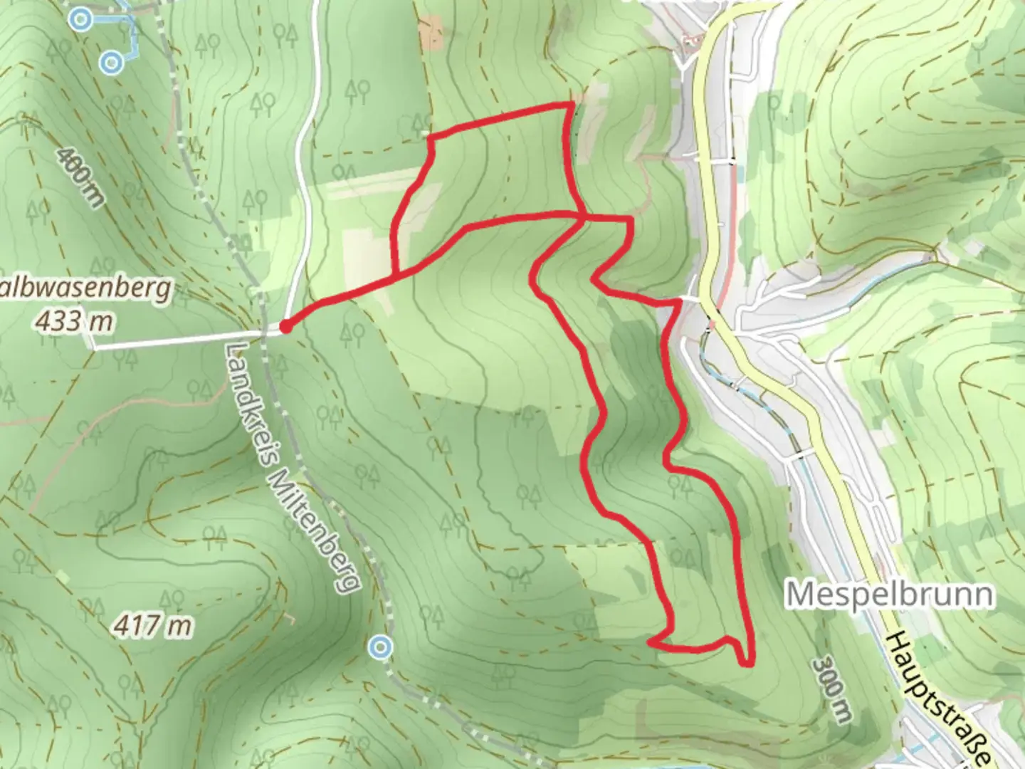 An image depicting the trail Ortswanderweg Mespelbrunn Loop and its surrounding area.