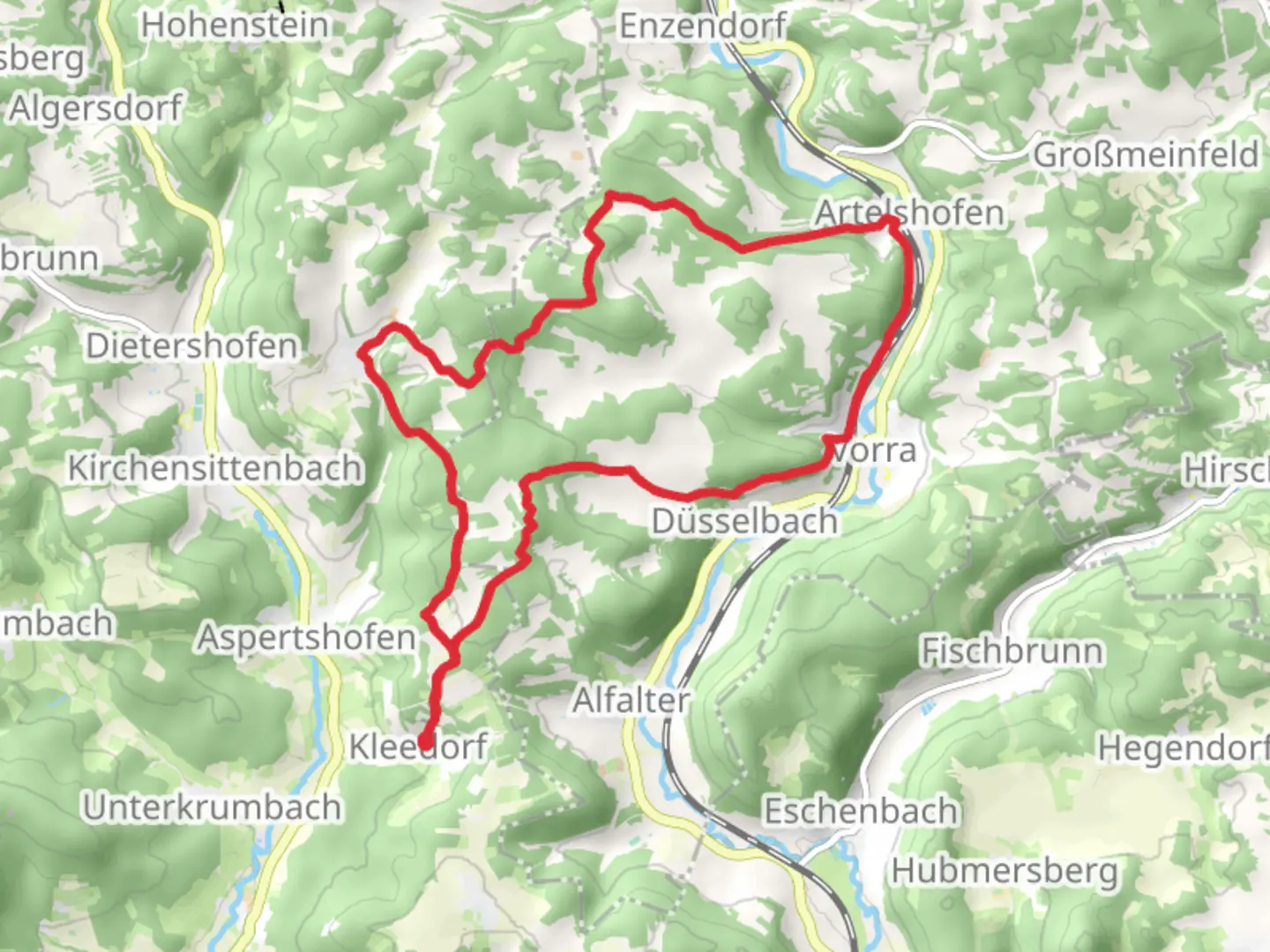 An image depicting the trail Kleeberg and Artelshofen Loop and its surrounding area.