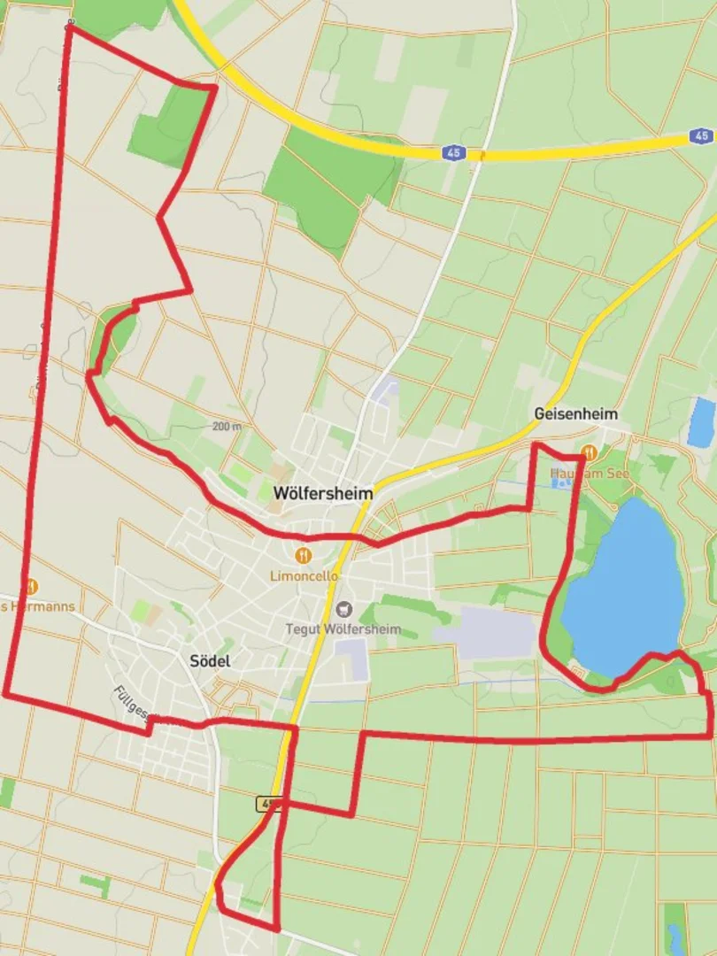 An image depicting the trail Melbach and Wolfersheimer See Loop and its surrounding area.
