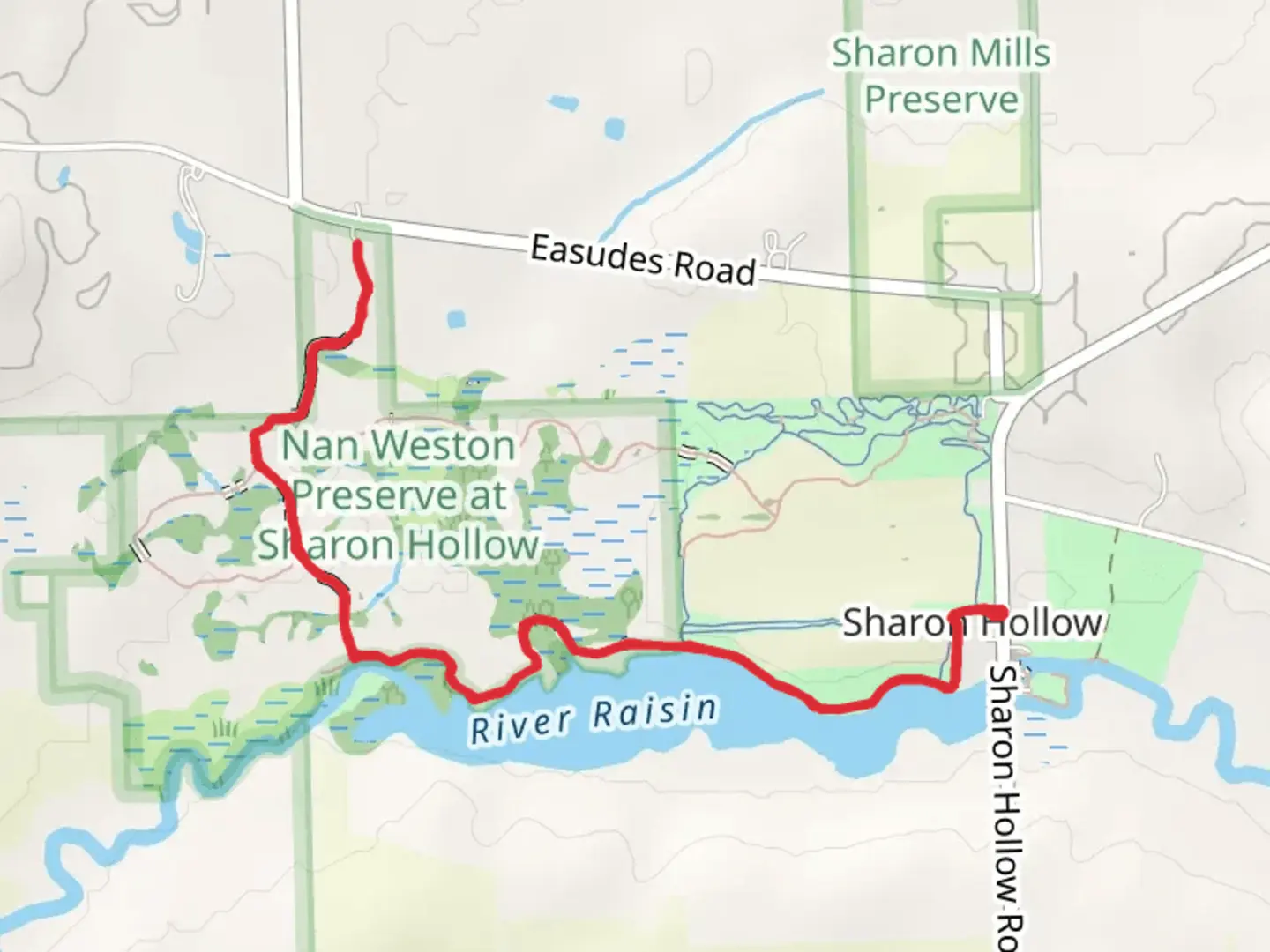 An image depicting the trail River Trail and River Raisin and its surrounding area.