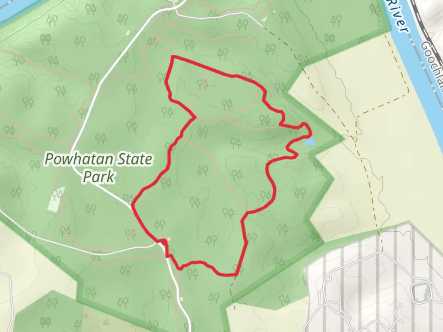 An image depicting the trail Cabin Trail, Pine Trail and Big Woods Loop Trail and its surrounding area.
