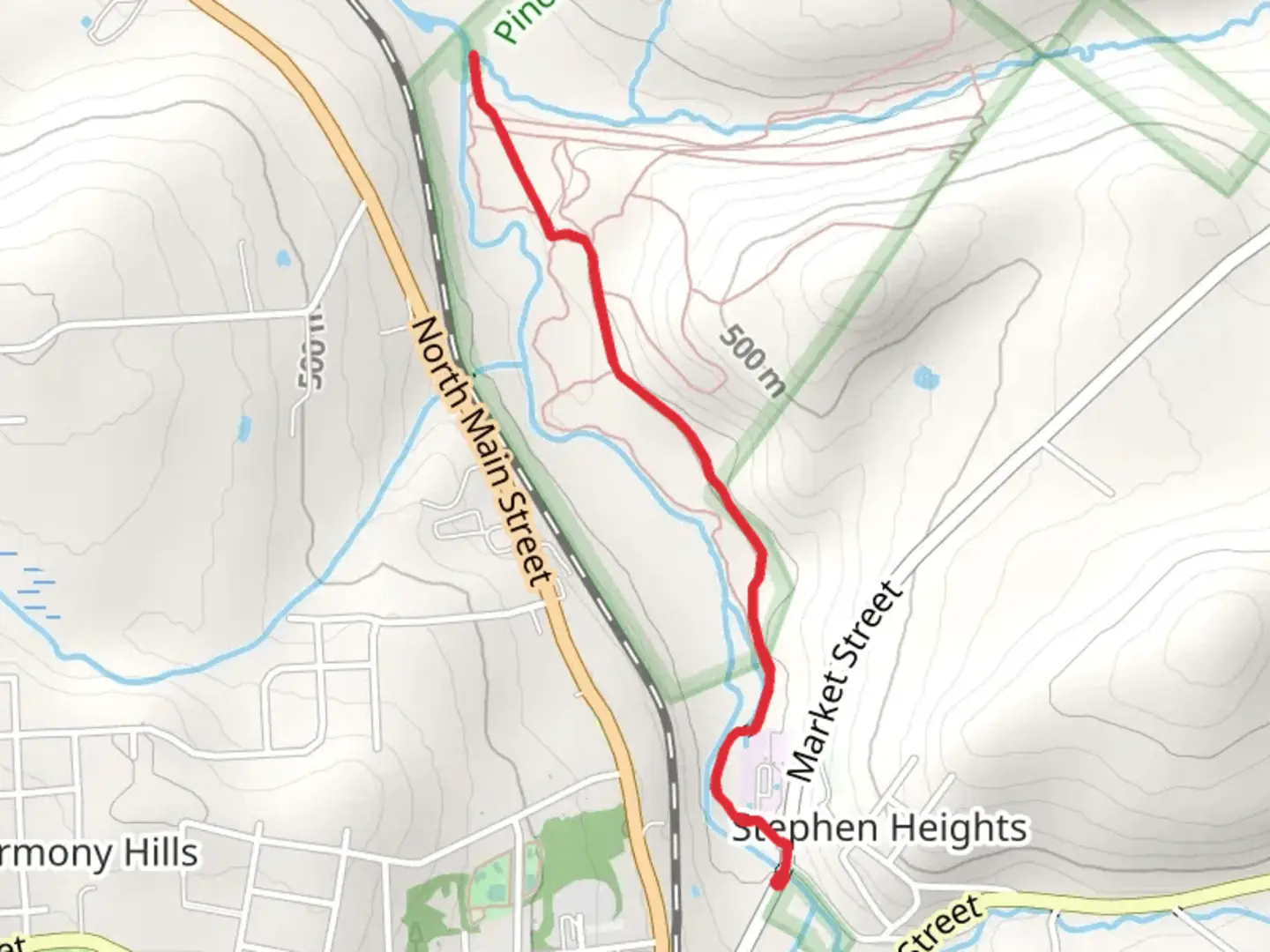 An image depicting the trail Roaring Brook Out and Back and its surrounding area.