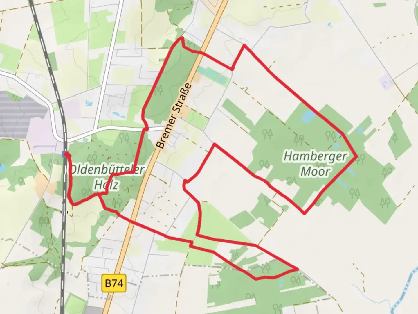 An image depicting the trail Oldenbütteler Holz, Hamberger Moor Loop - Oldenbüttel and its surrounding area.