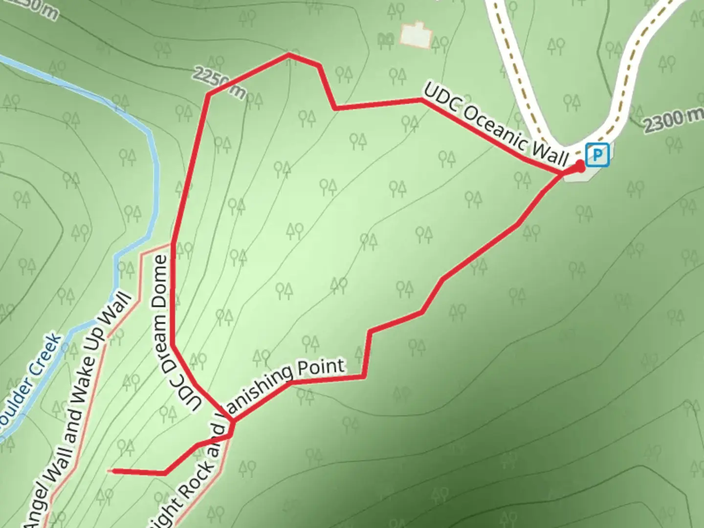 An image depicting the trail UDC Oceanic Wall and UDC Dream Dome Loop and its surrounding area.
