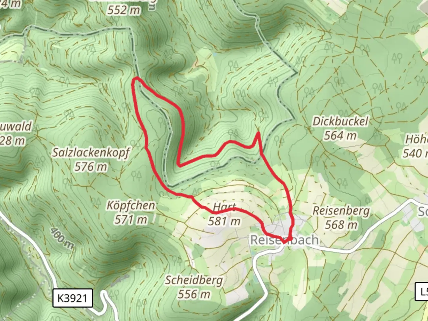 An image depicting the trail Rundwanderweg Reisenbach and its surrounding area.