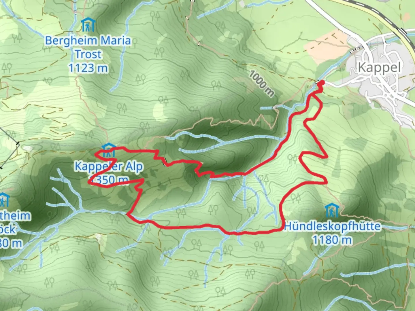 An image depicting the trail Hollschlucht, Kappeler Alpe and Hunndeleskopf Loop and its surrounding area.
