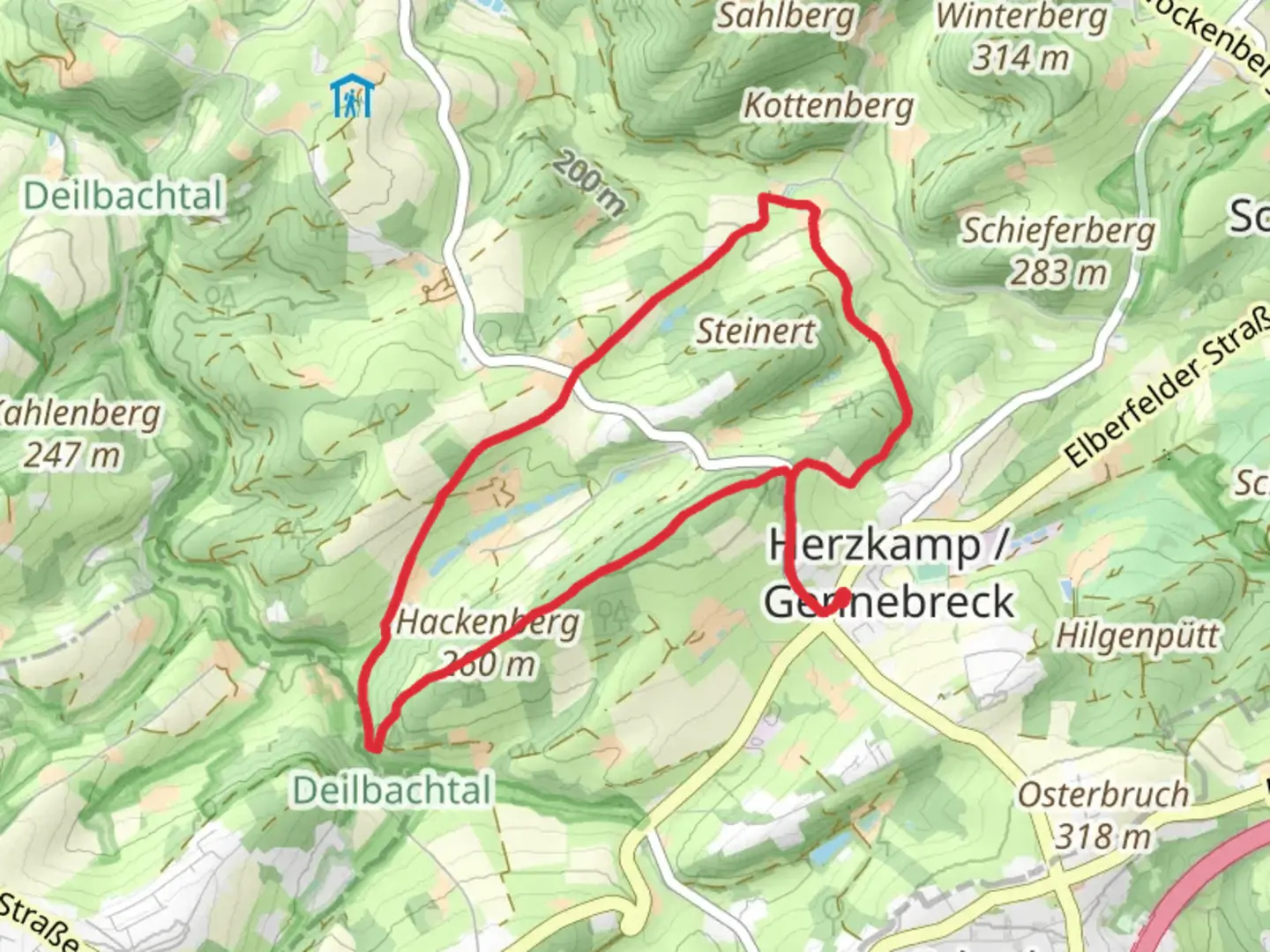 An image depicting the trail Herzkämper Mulde Weg and Hackenberg Loop and its surrounding area.