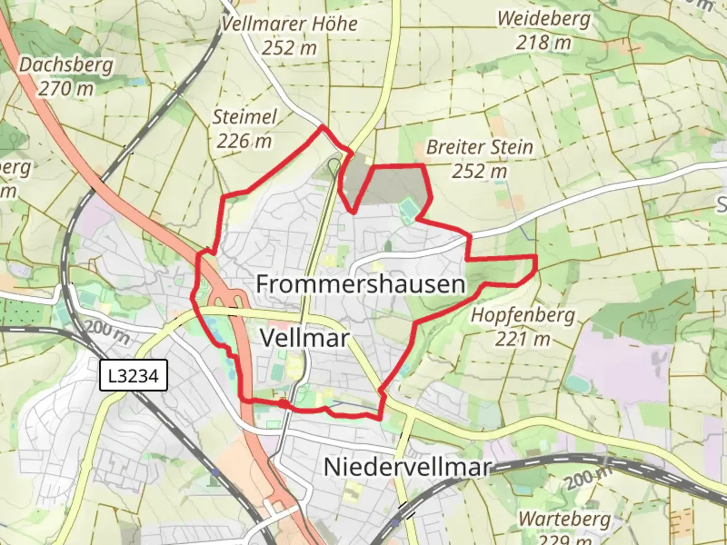 An image depicting the trail Vellmar and Heideweg Loop and its surrounding area.
