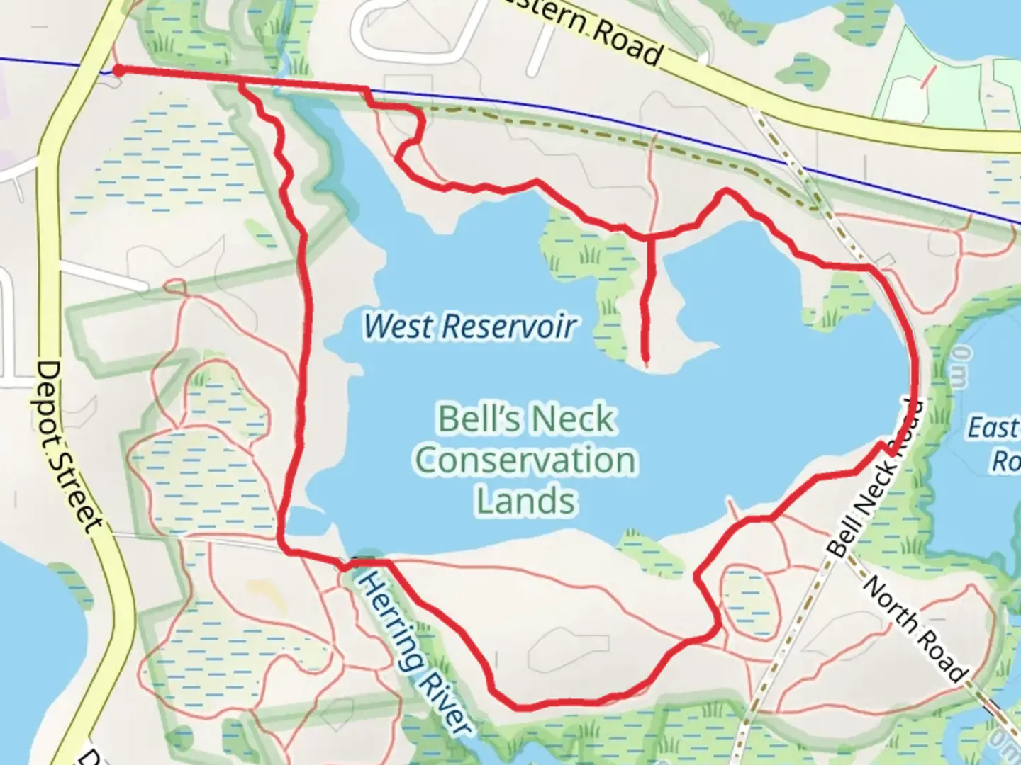 An image depicting the trail West Reservoir Loop and its surrounding area.