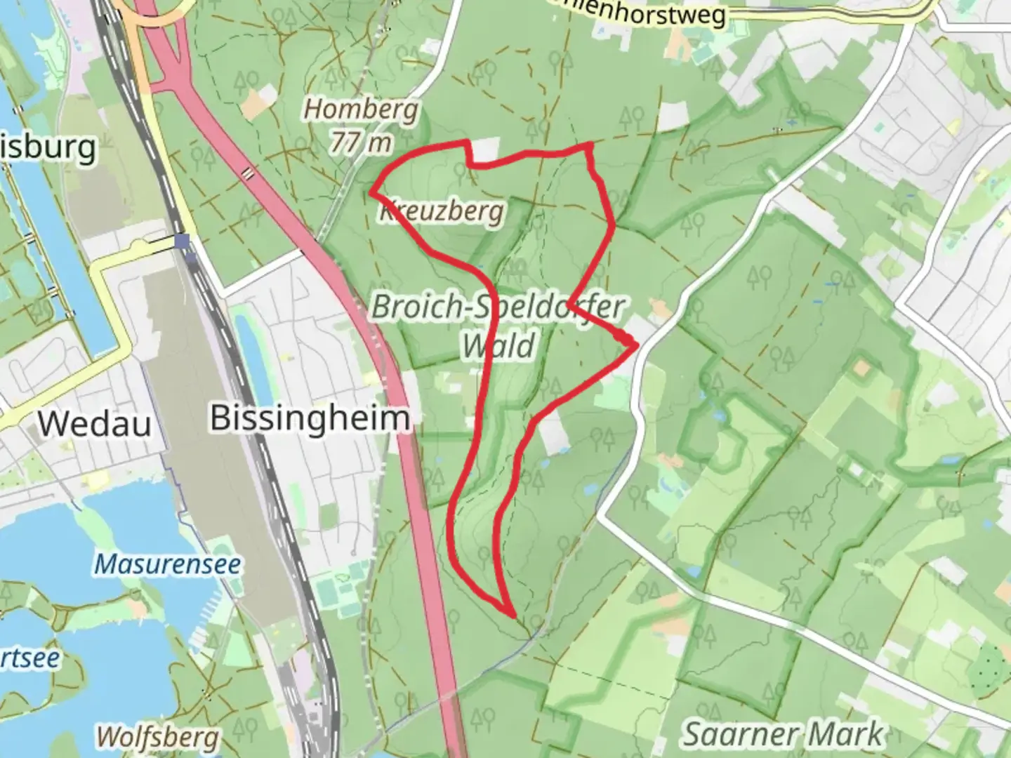 An image depicting the trail Broich Speldorfer Wald and Holzenberg Loop and its surrounding area.