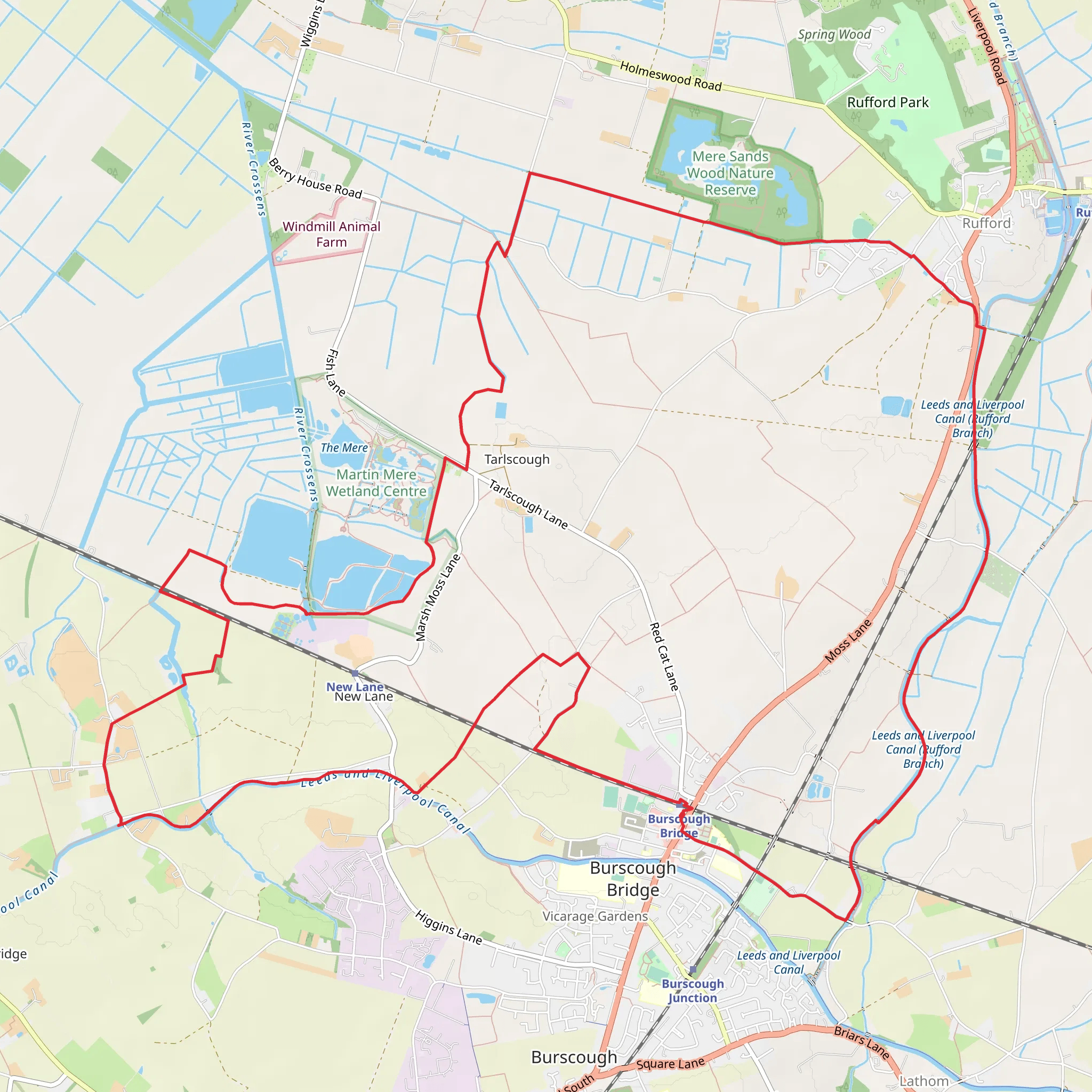 Burscough Bridge, Tarlscough and Rufford Loop via Mere Sands Nature Reserve mobile static map
