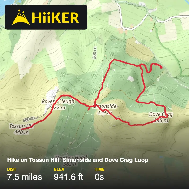 A map preview of the recording Hike on Tosson Hill, Simonside and Dove Crag Loop.