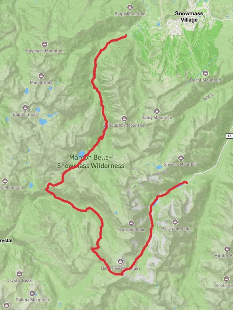 An image depicting the trail Snowmass Lake to Maroon Lake via Geneva Lake Trail and its surrounding area.