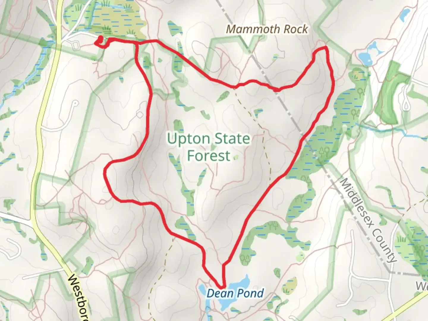 An image depicting the trail Dean Pond in Upton State Forest and its surrounding area.