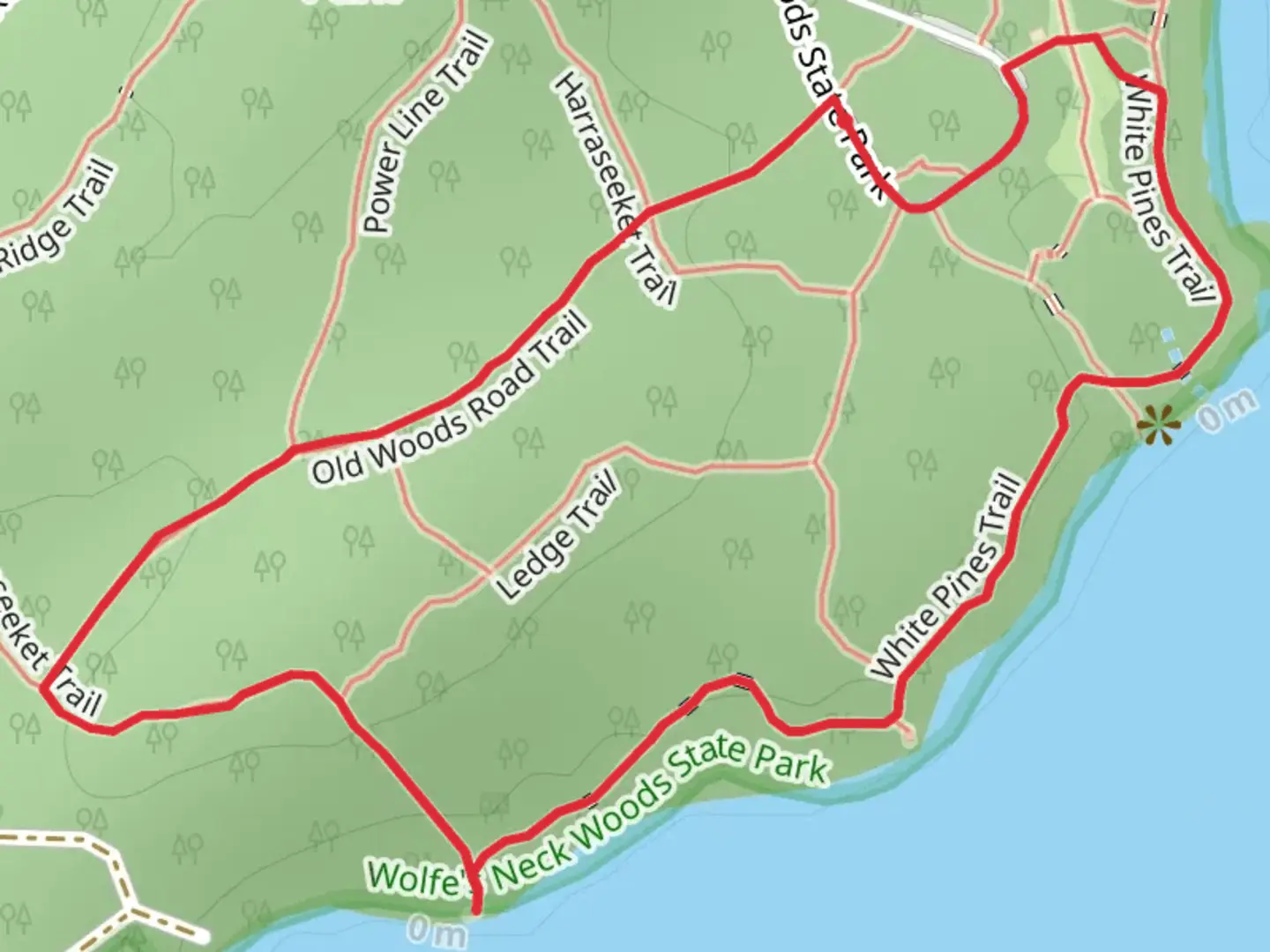 An image depicting the trail White Pines Trail and Old Woods Road Trail Loop and its surrounding area.