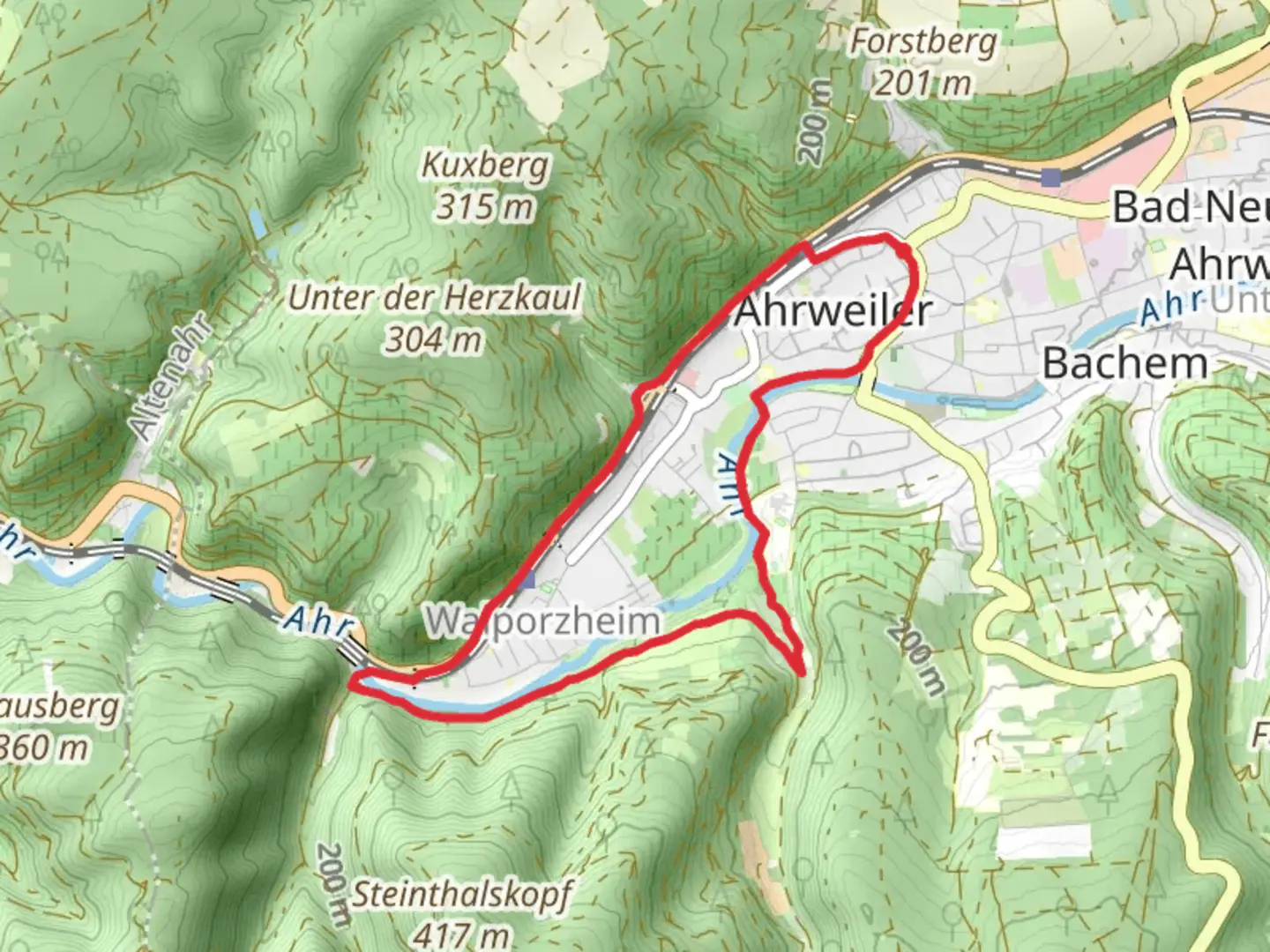 An image depicting the trail Ahr via Weinbaulehrpfad and Ahrtalweg and its surrounding area.
