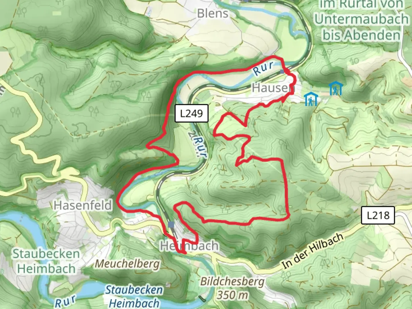An image depicting the trail Rur via Heimbacher Burgen and its surrounding area.