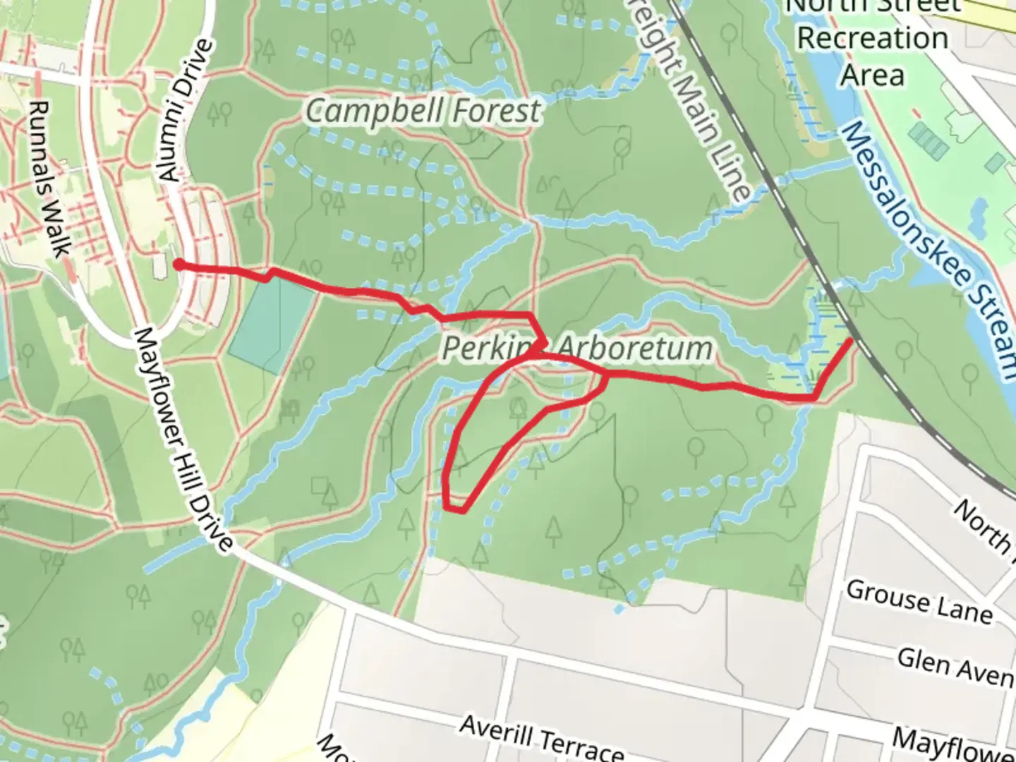 An image depicting the trail Perkins Stream - Perkins Arboretum Loop and its surrounding area.
