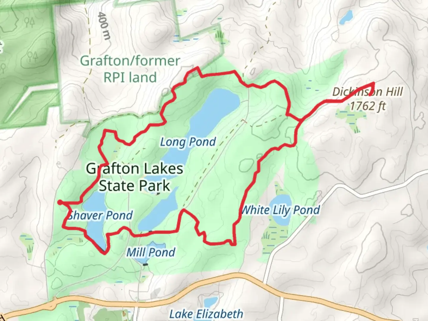 An image depicting the trail Grafton Lakes State Park and Dickinson Hill Loop and its surrounding area.